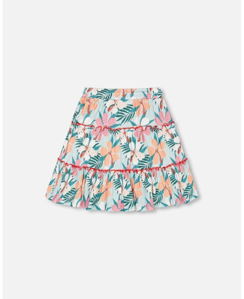 Girl Long Crinkle Peasant Skirt Blue Printed Beach Hibiscus - Toddler|Child