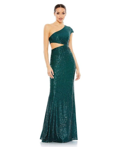 Women's Ieena Sequined One Shoulder Cap Sleeve Cut Out Gown