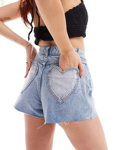 Miss Selfridge heart pocket denim short in light was blue