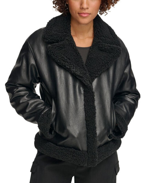 Women's Faux-Fur-Trimmed Faux-Leather Moto Jacket