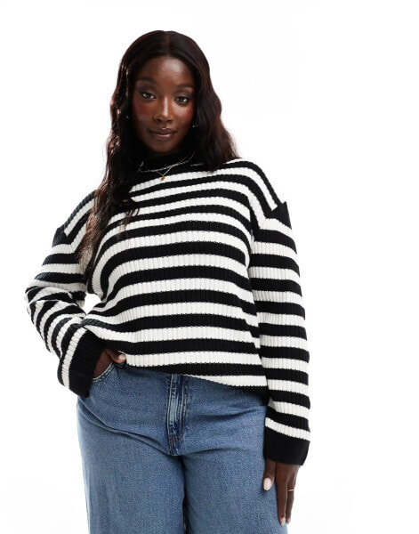 Threadbare Plus high neck oversized jumper in monochrome stripe