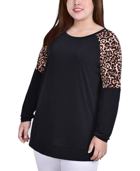 Plus Size Long Raglan Sleeve Tunic Top with Animal Print Insets