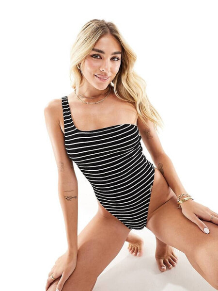 Free Society one shoulder crinkle swimsuit in black stripe