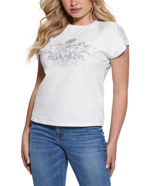 Women's Embellished Graphic Fringed Cotton T-Shirt