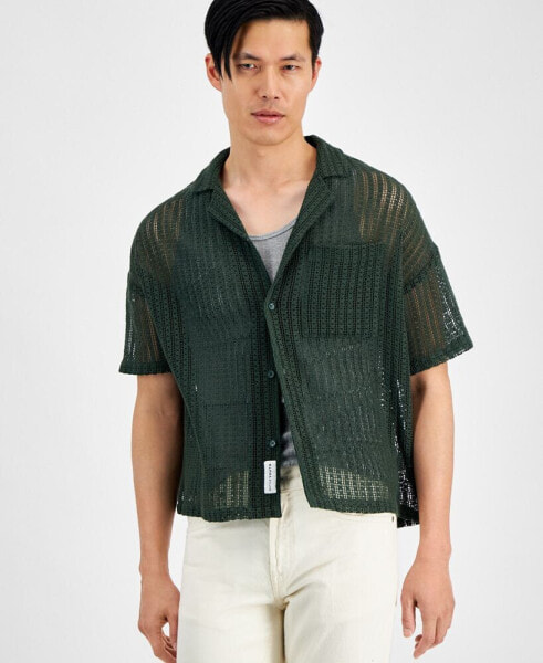 Men's Oversized-Fit Cropped Macramé Button-Down Camp Shirt