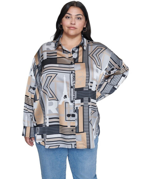 Plus Size Printed Long-Sleeve Blouse, Created for Macy's