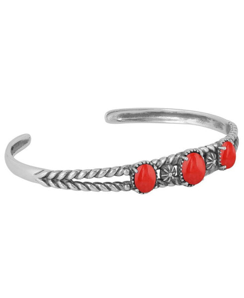 Sterling Silver Genuine Coral 3 Stone Cuff Bracelet Size Small - Large