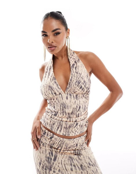 ASOS DESIGN halter top co ord with ruching detail in natural print