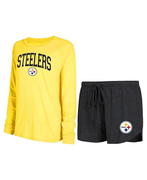 Women's Black, Gold Pittsburgh Steelers Raglan Long Sleeve T-shirt Shorts Lounge Set