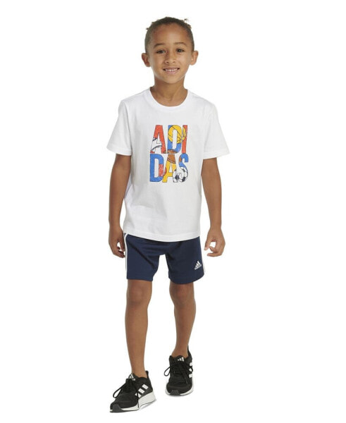 Toddler & Little Boys 2-Pc. Logo Graphic T-Shirt & 3-Stripes Mesh Shorts Set