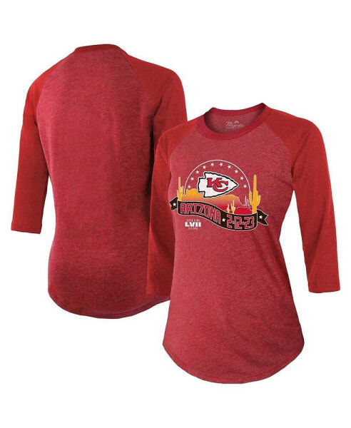 Women's Threads Red Kansas City Chiefs Super Bowl LVII Desert Tri-Blend Raglan 3/4 Sleeve T-shirt