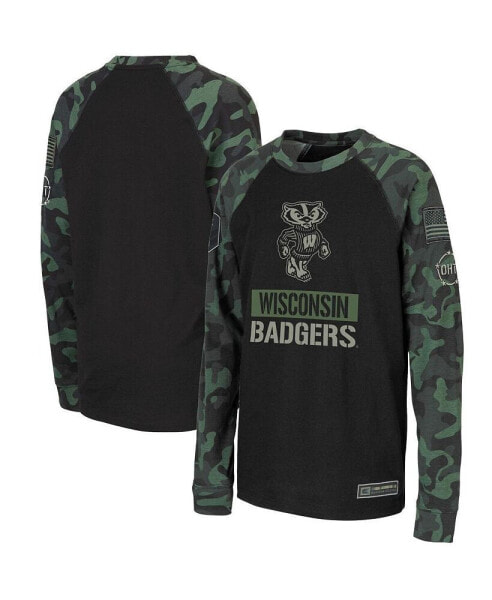 Big Boys Black, Camo Wisconsin Badgers OHT Military-Inspired Appreciation Raglan Long Sleeve T-shirt