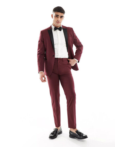 ASOS DESIGN slim tuxedo suit trousers in burgundy