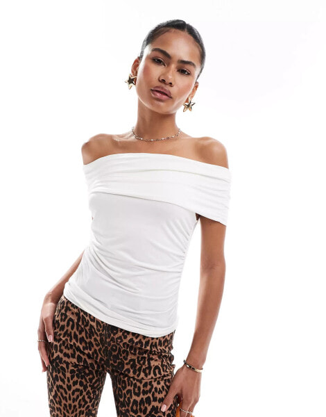 Monki off the shoulder bardot curpo jersey top in white