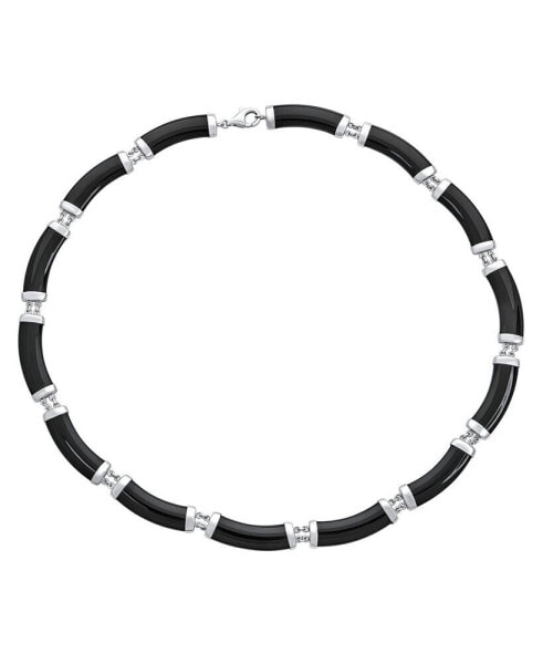 Bling Jewelry asian Style Gemstone Black Onyx Strand Contoured Tube Bar Link Collar Necklace For Women .925 Sterling Silver 16 Inch