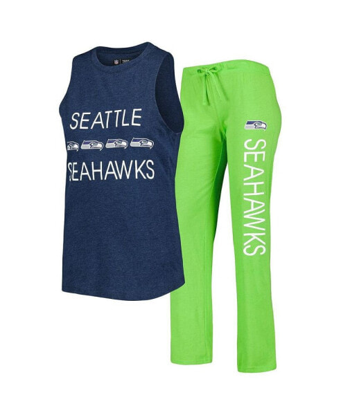Women's Neon Green, College Navy Seattle Seahawks Muscle Tank Top and Pants Sleep Set