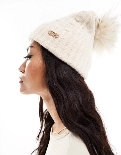 River Island cable knit pom beanie in cream