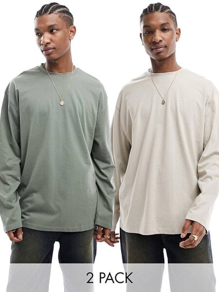 ASOS DESIGN 2 pack long sleeve oversized fit t-shirts in khaki and taupe