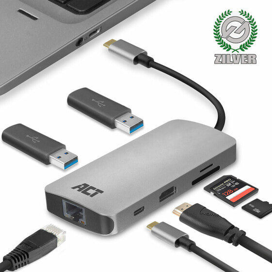 ACT AC7041 USB-C to HDMI multiport adapter with ethernet - USB hub - cardreader and PD pass through - Wired - USB 3.2 Gen 1 (3.1 Gen 1) Type-C - 60 W - 10,100,1000 Mbit/s - Grey - MicroSD (TransFlash) - SD