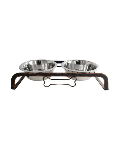 Rustic Dog Bone Elevated Feeder - 2 Stainless Steel Bowls, 2qt Each - Sturdy & Stylish