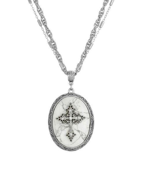 Pewter Cross White Howlite Oval Necklace