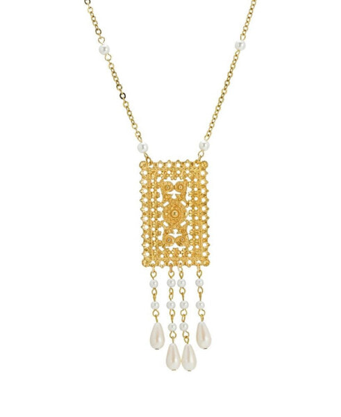 Gold Tone Imitation Pearl Drop Rectangle Necklace