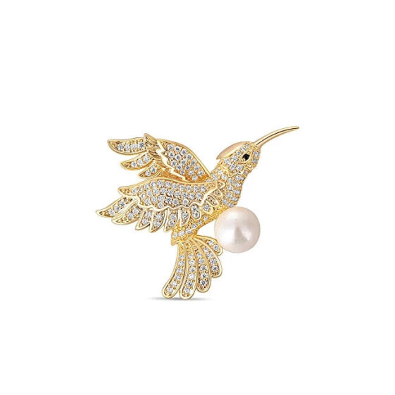 Charming gilded brooch hummingbird with real pearl JL0516