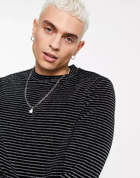 ASOS DESIGN skinny long sleeve t-shirt in black and silver stripe texture