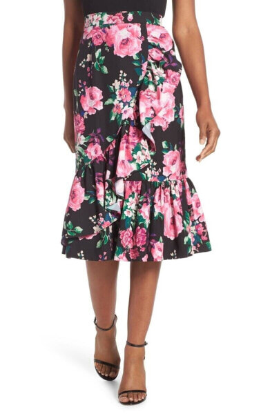 Women's Eliza J 151262 Floral Black Pink Ruffle Midi Skirt sz 6