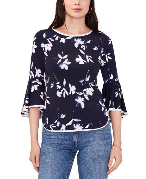 Petite Floral-Print Bell-Sleeve Piped Top