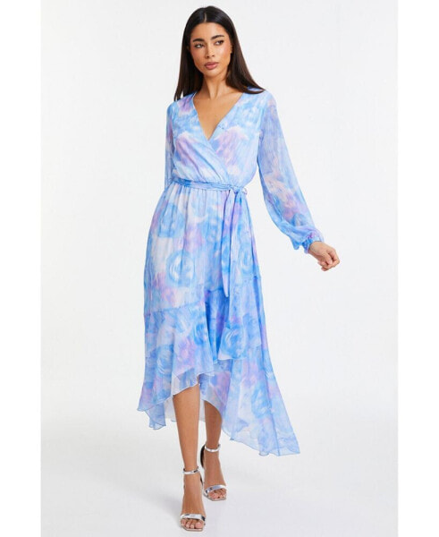 Women's Chiffon Water Color Long Sleeve Maxi Dress