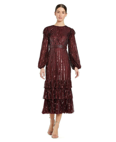 Women's Long Sleeve Ruffle Detail Sequin Dress