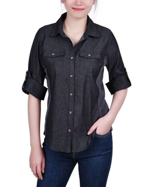 Petite 3/4 Roll Tab Chambray Blouse