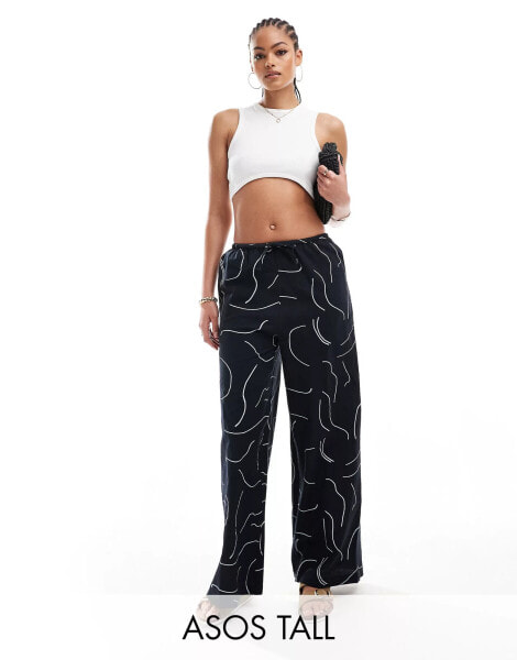 ASOS DESIGN Tall wide leg trouser with linen in mono print