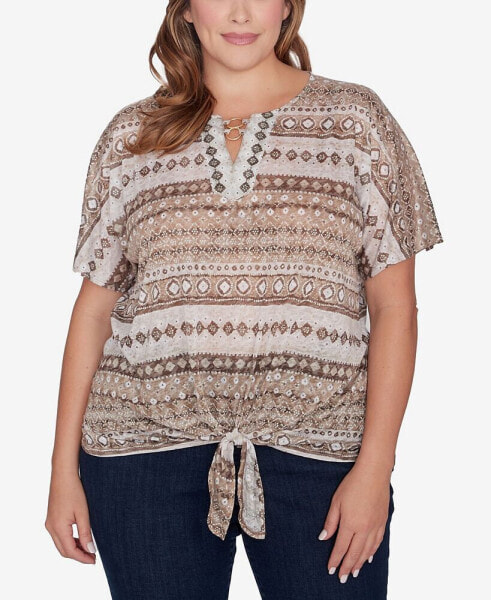 Plus Size Batik Print Tie Front Top