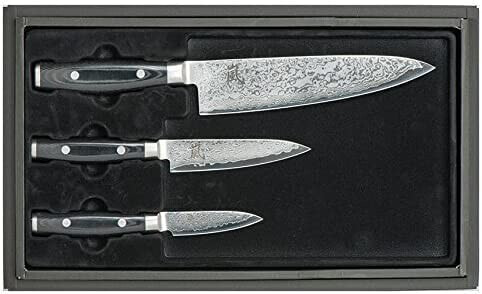 Yaxell Ran 69 Damascus Knife + Universal Knife + Paring Knife in Gift Box, 69 Layers, Cut Core 61-62 HRC