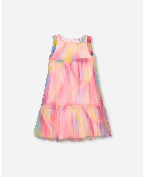 Girl Sleeveless Frills Mesh Dress Rainbow Swirl - Child