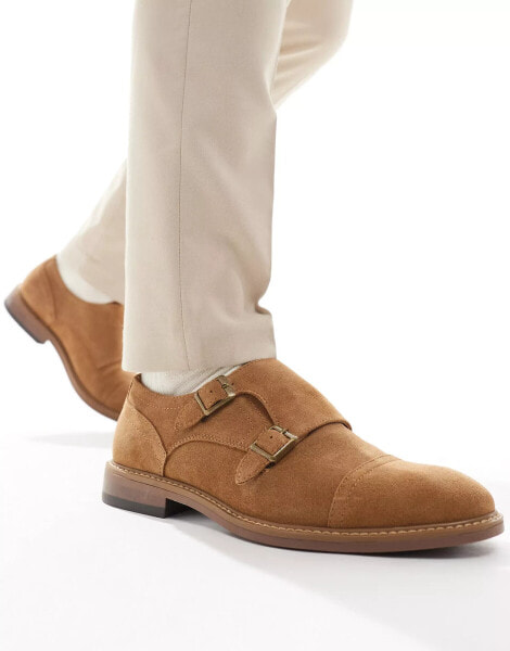 schuh Rio double monk strap shoes in tan suede