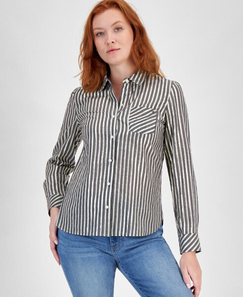 Women's Shimmering Striped Button-Down Top