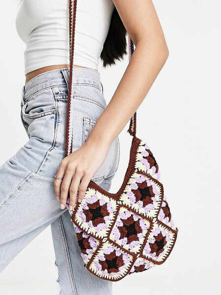 Сумка My Accessories London - Crocheted Crossbody Bag in Brown and Lilac.