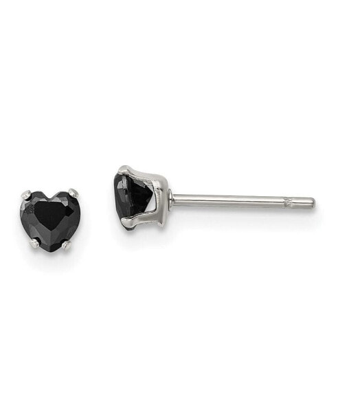 Stainless Steel Polished Black Heart CZ Stud Earrings