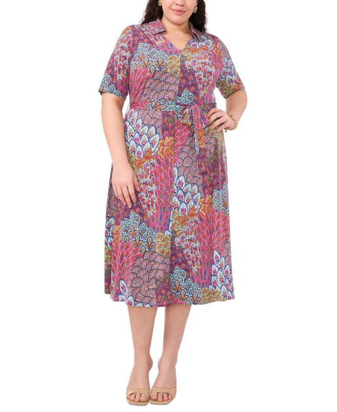 Plus Size Collared Printed Tie-Waist Midi Dress