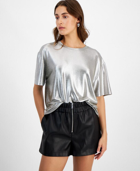 Women's Short-Sleeve Crewneck Metallic Tee, Created for Macy's