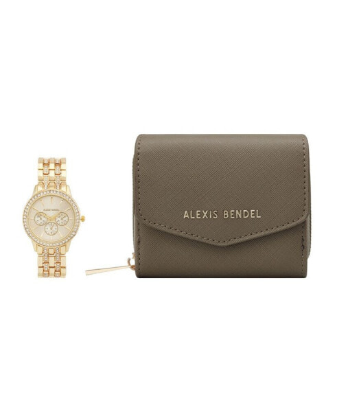 Women's Analog Gold-Tone Metal Alloy Bracelet Watch, 32mm and Wallet Gift Set