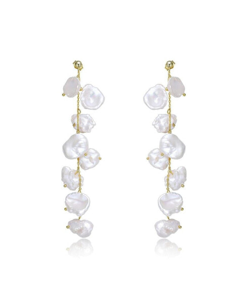 Elegant Sterling Silver with 14K Gold Plating and Genuine Freshwater Pearl Dangling and Drop Earrings