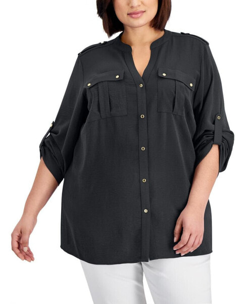 Блузка Calvin Klein plus Size Textured Roll Tab Button Down Shirt