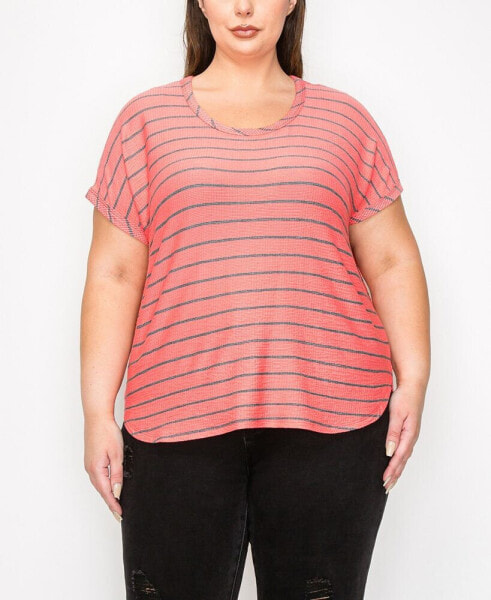 Plus Size Pointelle Stripe Dolman Short Sleeve Top