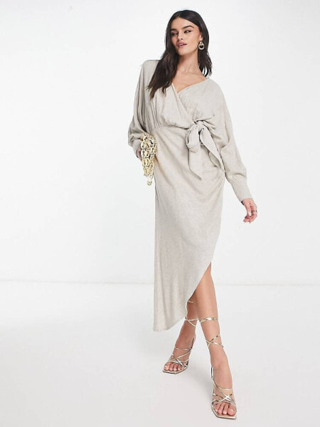 ASOS DESIGN linen batwing tie side midi dress with asymmetric skirt in natural 