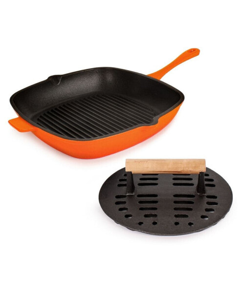 Neo Enameled Cast Iron 2 Piece Grill Pan and Slotted Steak Press Set