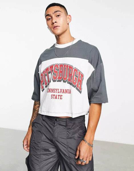 ASOS DESIGN cropped oversized t-shirt in grey & white colour block with city print